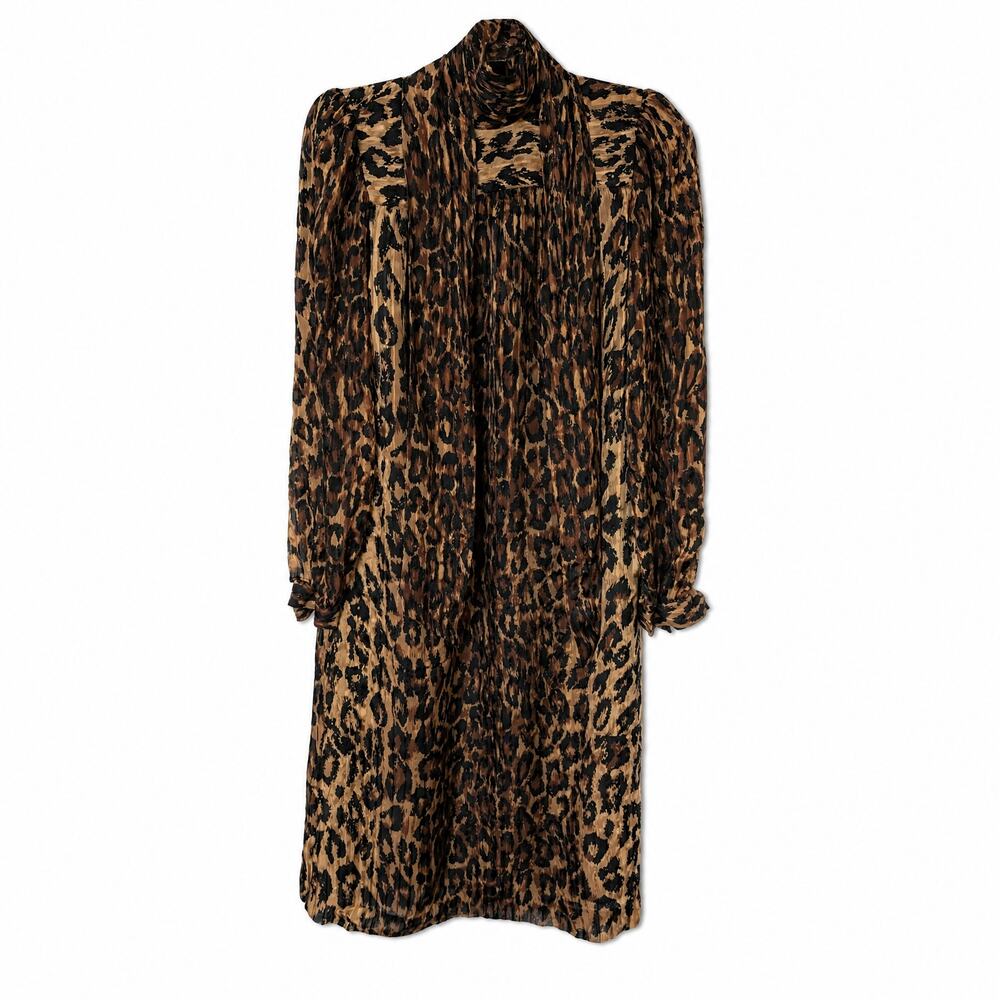 Stanley Sherman 100% Silk Leopard Print Midi Dress | Bow Tie Neck